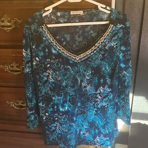 Elegant Teal and Black Lace Blouse